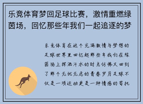 乐竞体育梦回足球比赛，激情重燃绿茵场，回忆那些年我们一起追逐的梦想